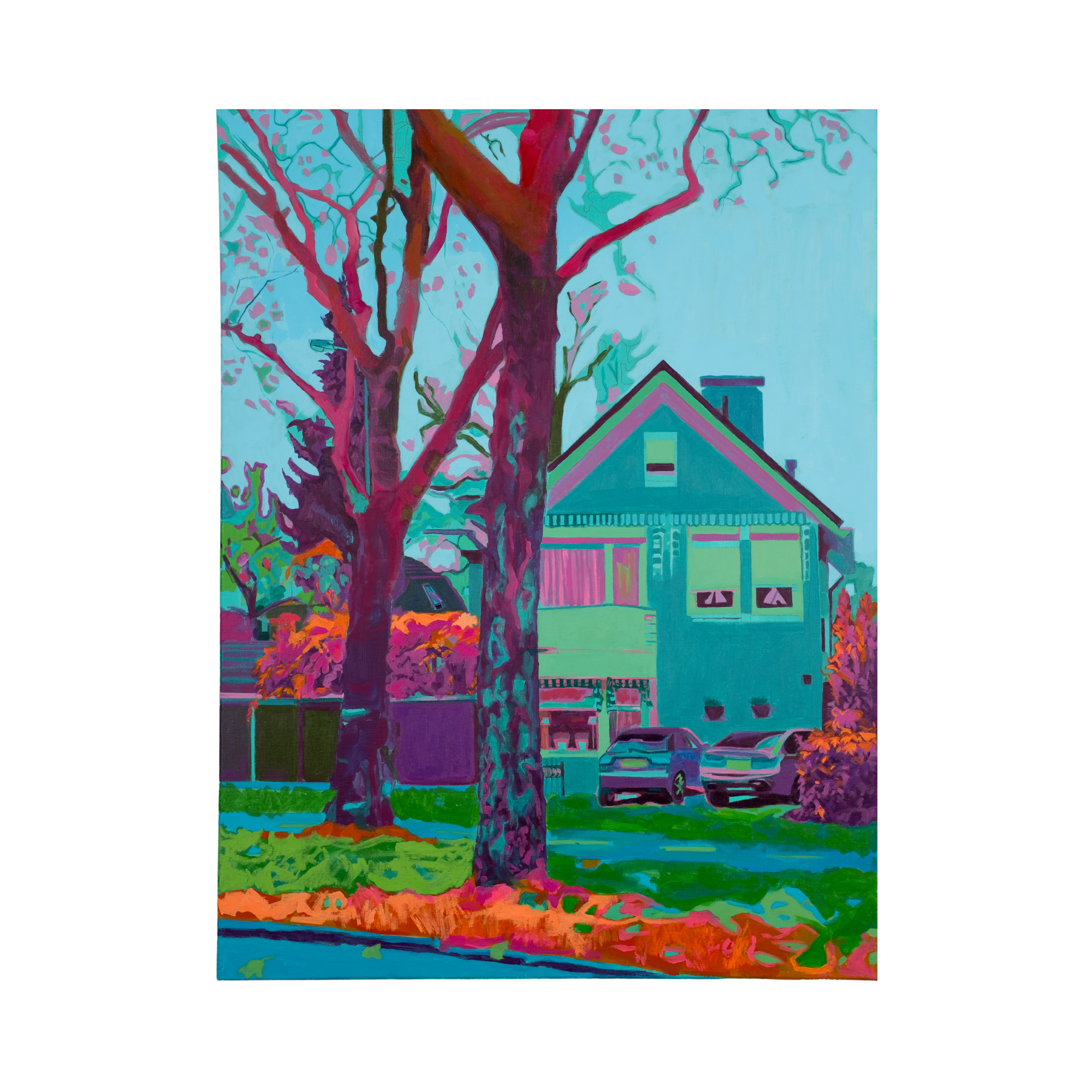 “Acrylic on canvas painting (60×80 cm) depicting a Dutch house seen through tall trees, rendered in vivid teal, magenta and orange tones to evoke a suspended moment of stillness and reconstructed urban memory. Artwork by Tara Haghi.”