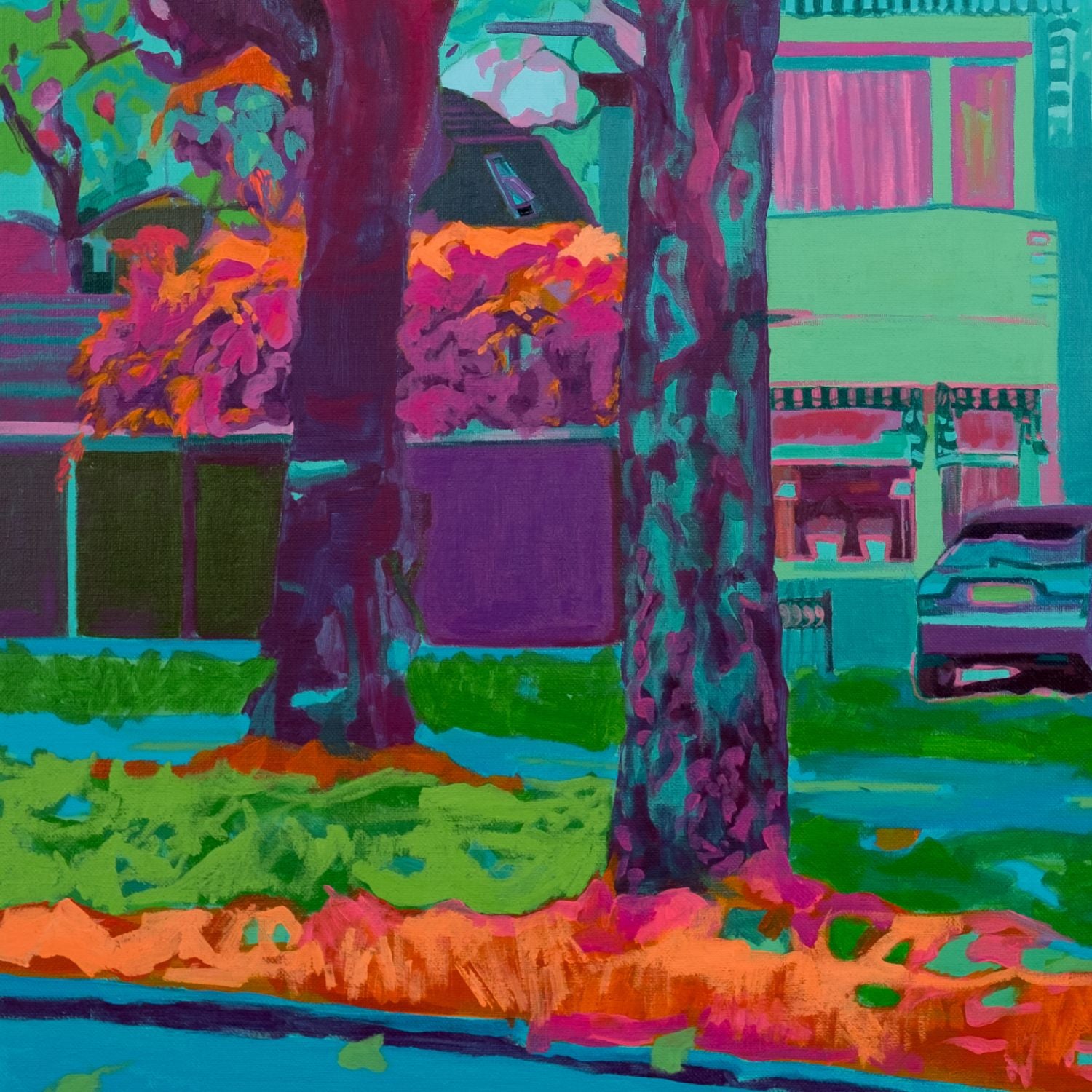 “Acrylic on canvas painting (60×80 cm) depicting a Dutch house seen through tall trees, rendered in vivid teal, magenta and orange tones to evoke a suspended moment of stillness and reconstructed urban memory. Artwork by Tara Haghi.”