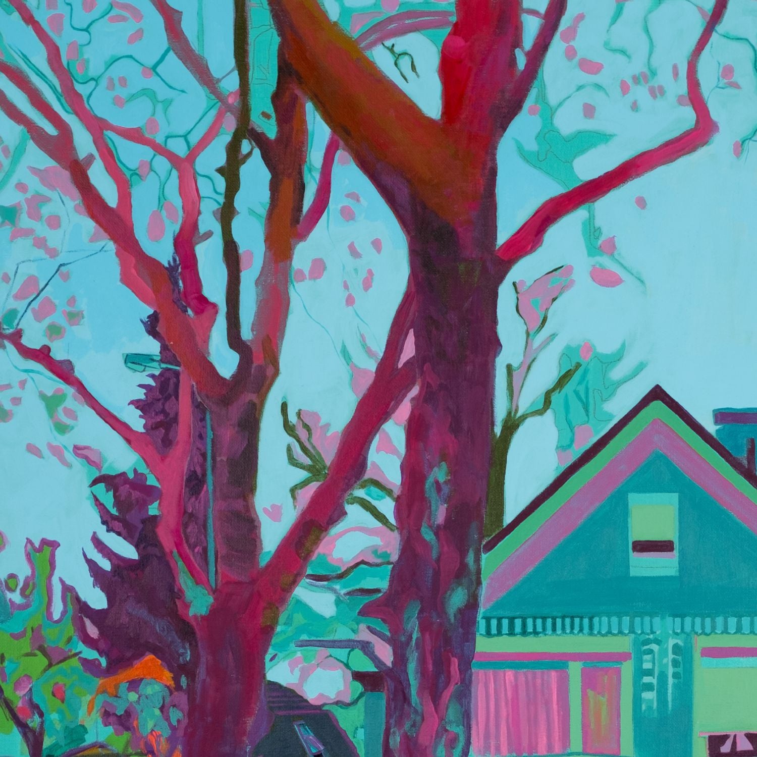“Acrylic on canvas painting (60×80 cm) depicting a Dutch house seen through tall trees, rendered in vivid teal, magenta and orange tones to evoke a suspended moment of stillness and reconstructed urban memory. Artwork by Tara Haghi.”