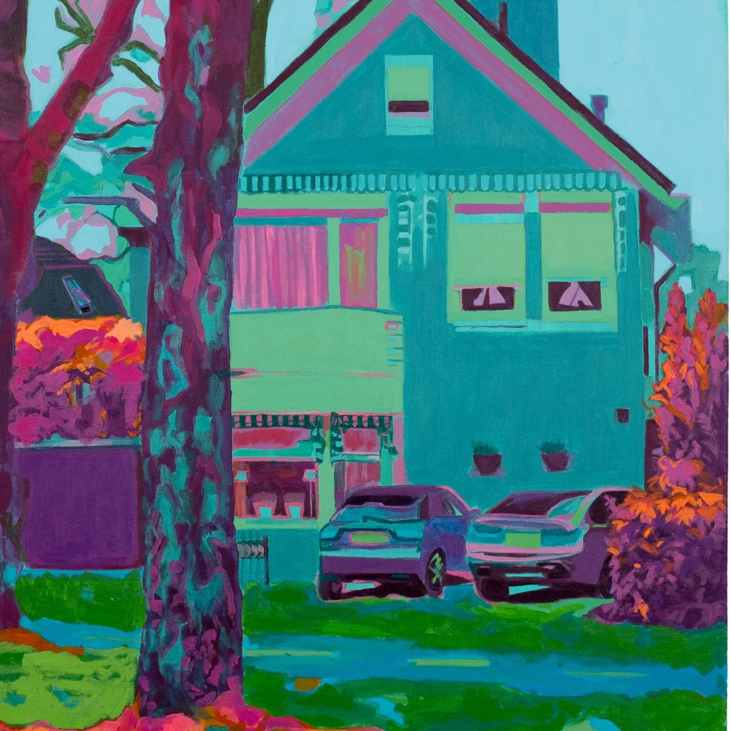 “Acrylic on canvas painting (60×80 cm) depicting a Dutch house seen through tall trees, rendered in vivid teal, magenta and orange tones to evoke a suspended moment of stillness and reconstructed urban memory. Artwork by Tara Haghi.”