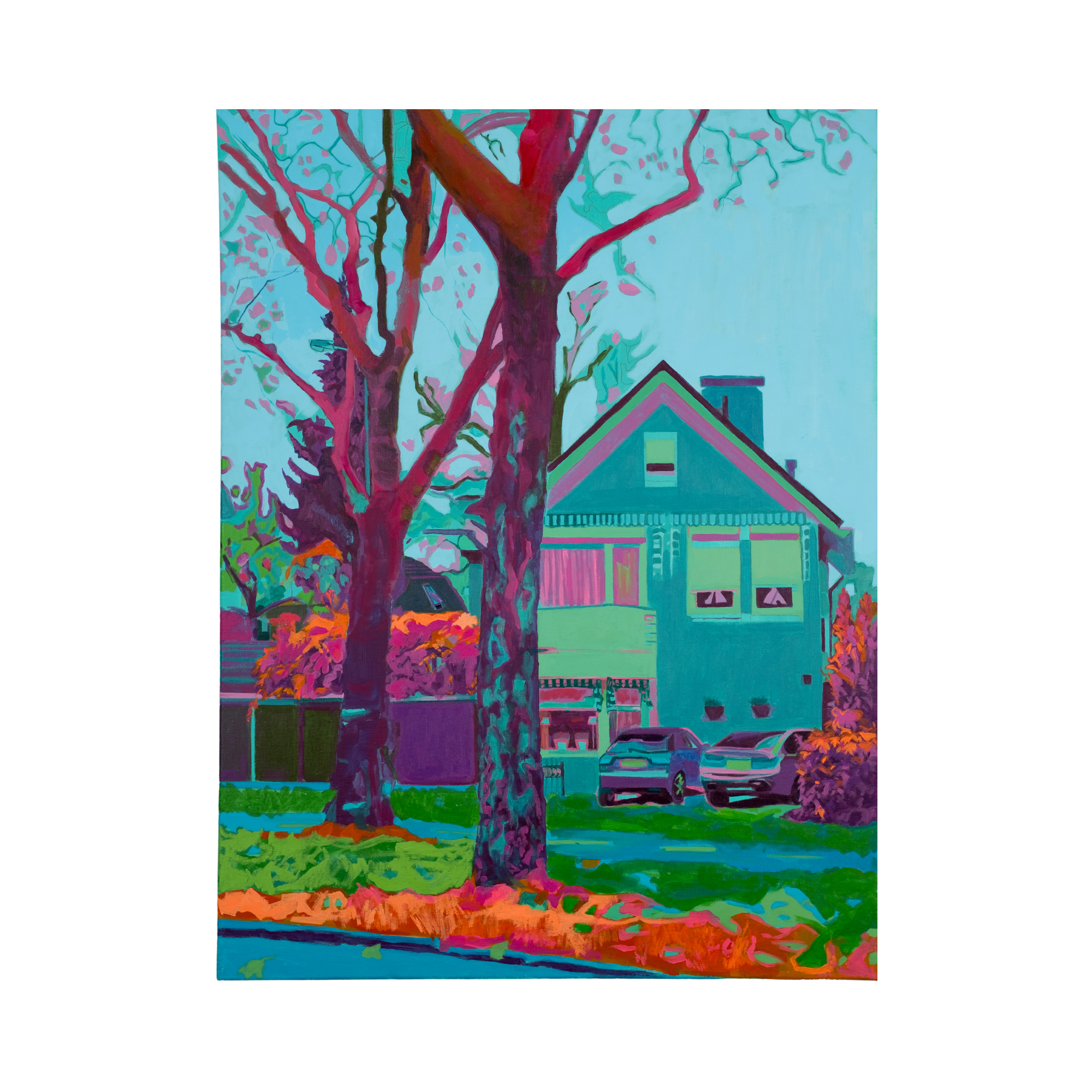 “Print (60×80 cm) depicting a Dutch house seen through tall trees, rendered in vivid teal, magenta and orange tones to evoke a suspended moment of stillness and reconstructed urban memory. Artwork by Tara Haghi.”