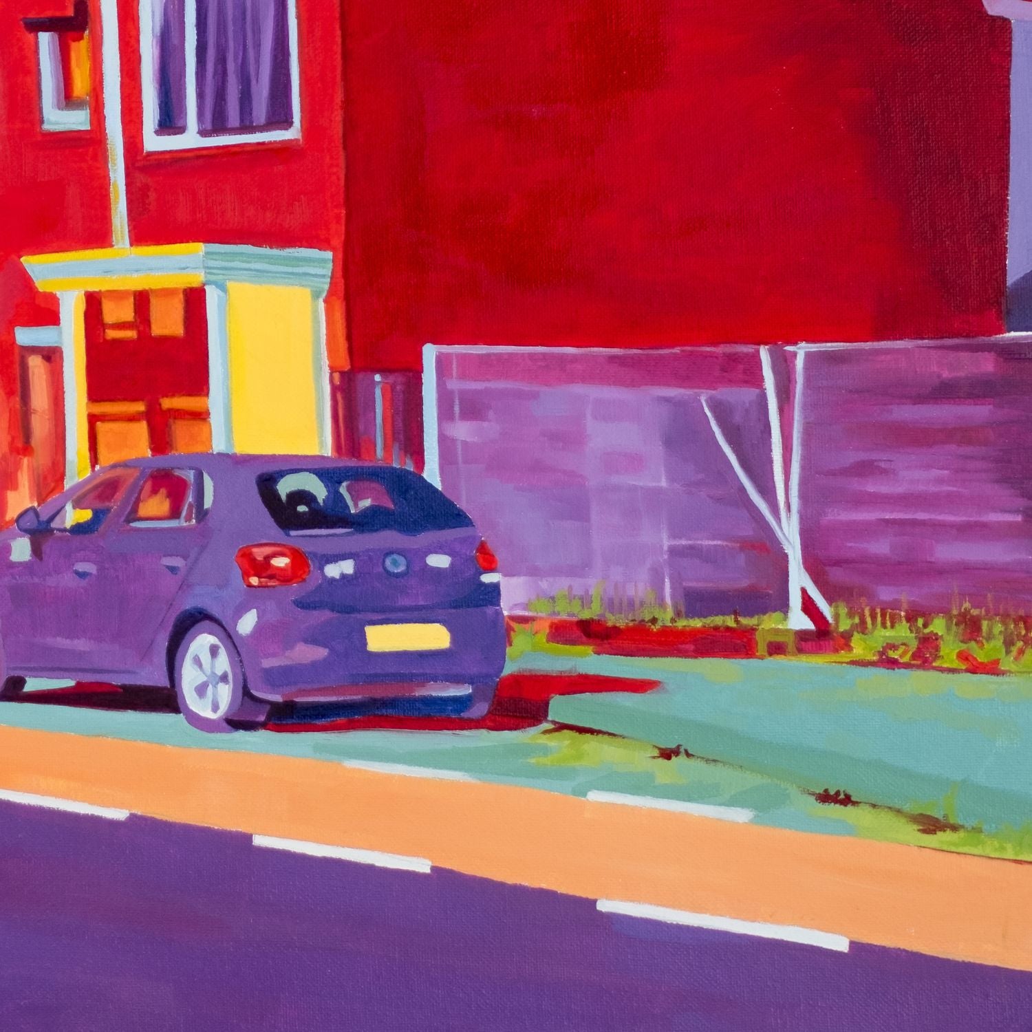 Oil on canvas painting (60×50 cm) depicting Dutch row houses at dusk with a vivid violet sky, glowing windows and saturated red-orange tones, exploring transitions of light and reconstructed urban memory. Artwork by Tara Haghi.