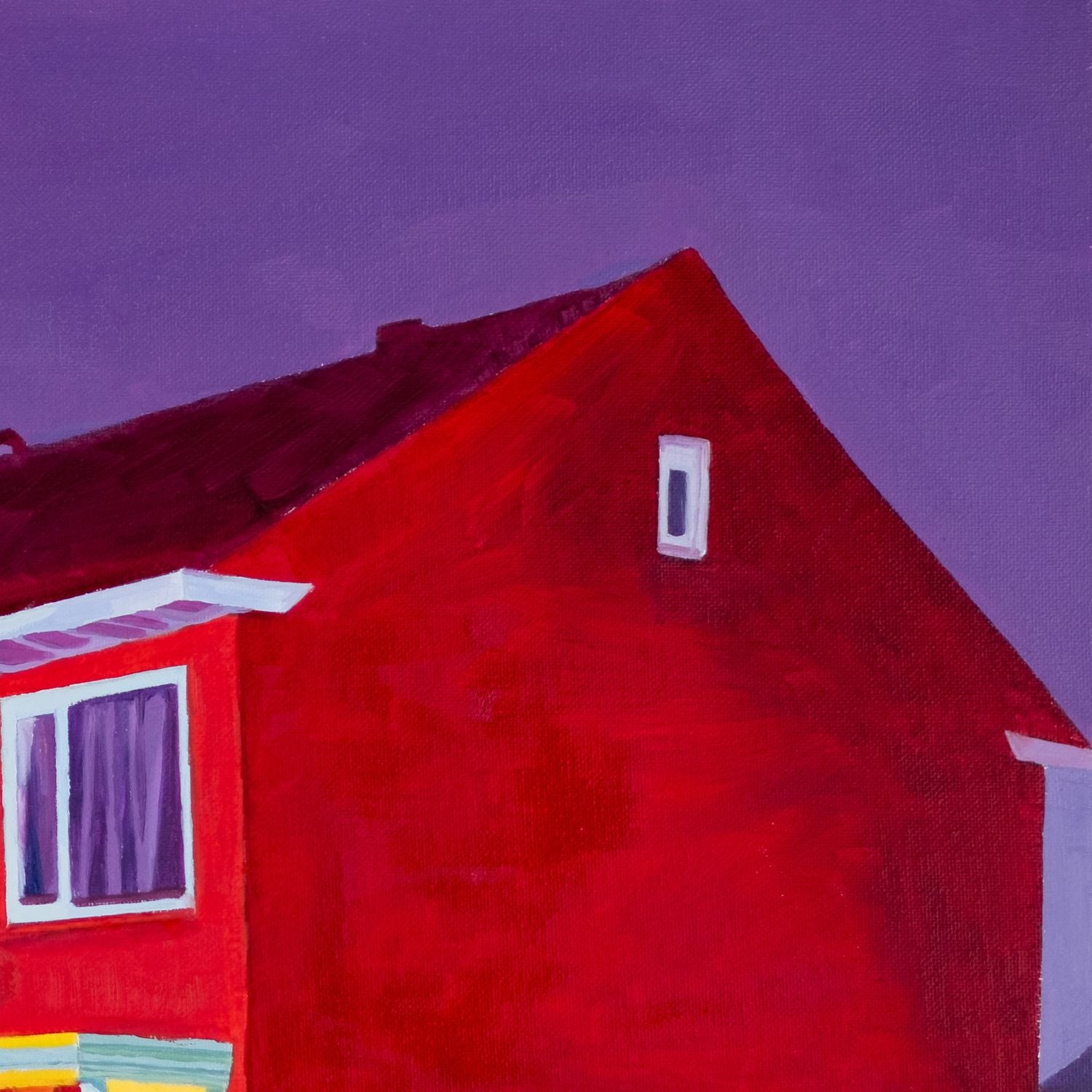 Oil on canvas painting (60×50 cm) depicting Dutch row houses at dusk with a vivid violet sky, glowing windows and saturated red-orange tones, exploring transitions of light and reconstructed urban memory. Artwork by Tara Haghi.