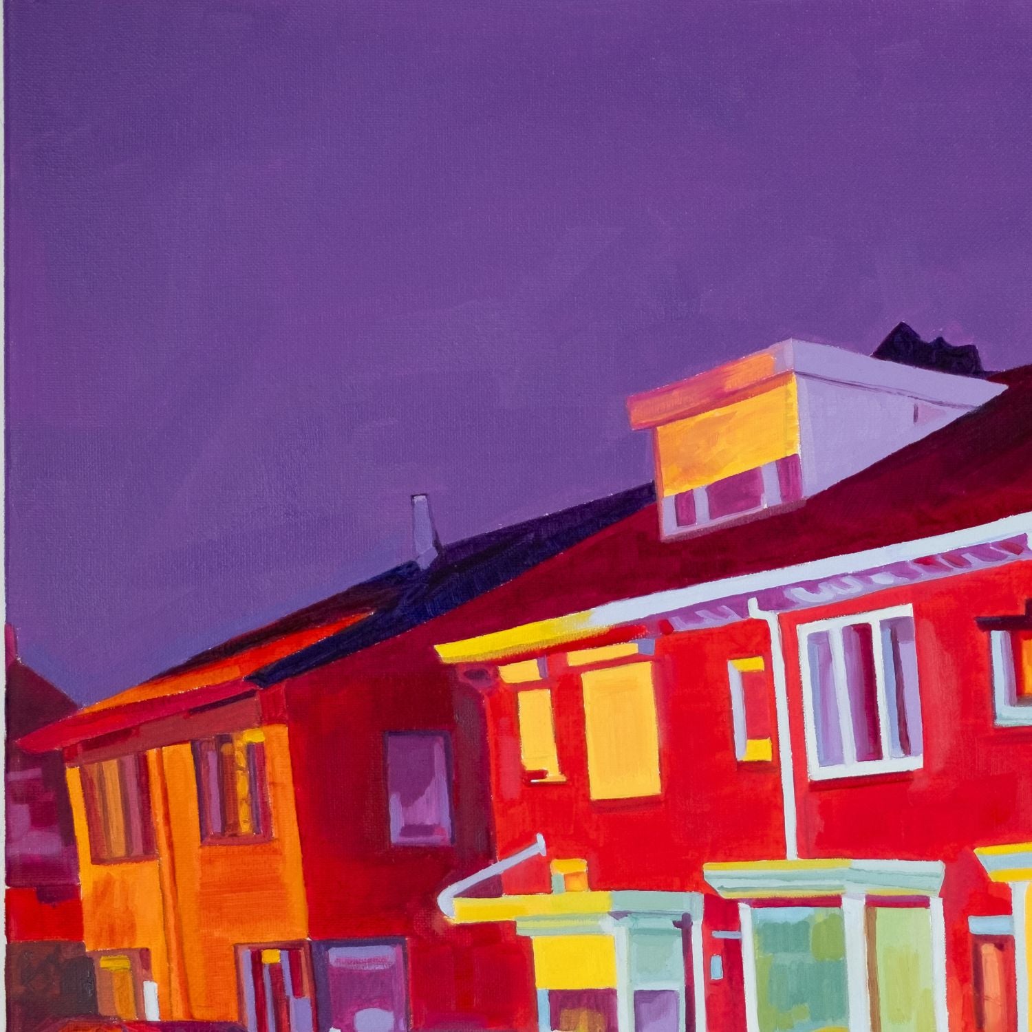 Oil on canvas painting (60×50 cm) depicting Dutch row houses at dusk with a vivid violet sky, glowing windows and saturated red-orange tones, exploring transitions of light and reconstructed urban memory. Artwork by Tara Haghi.
