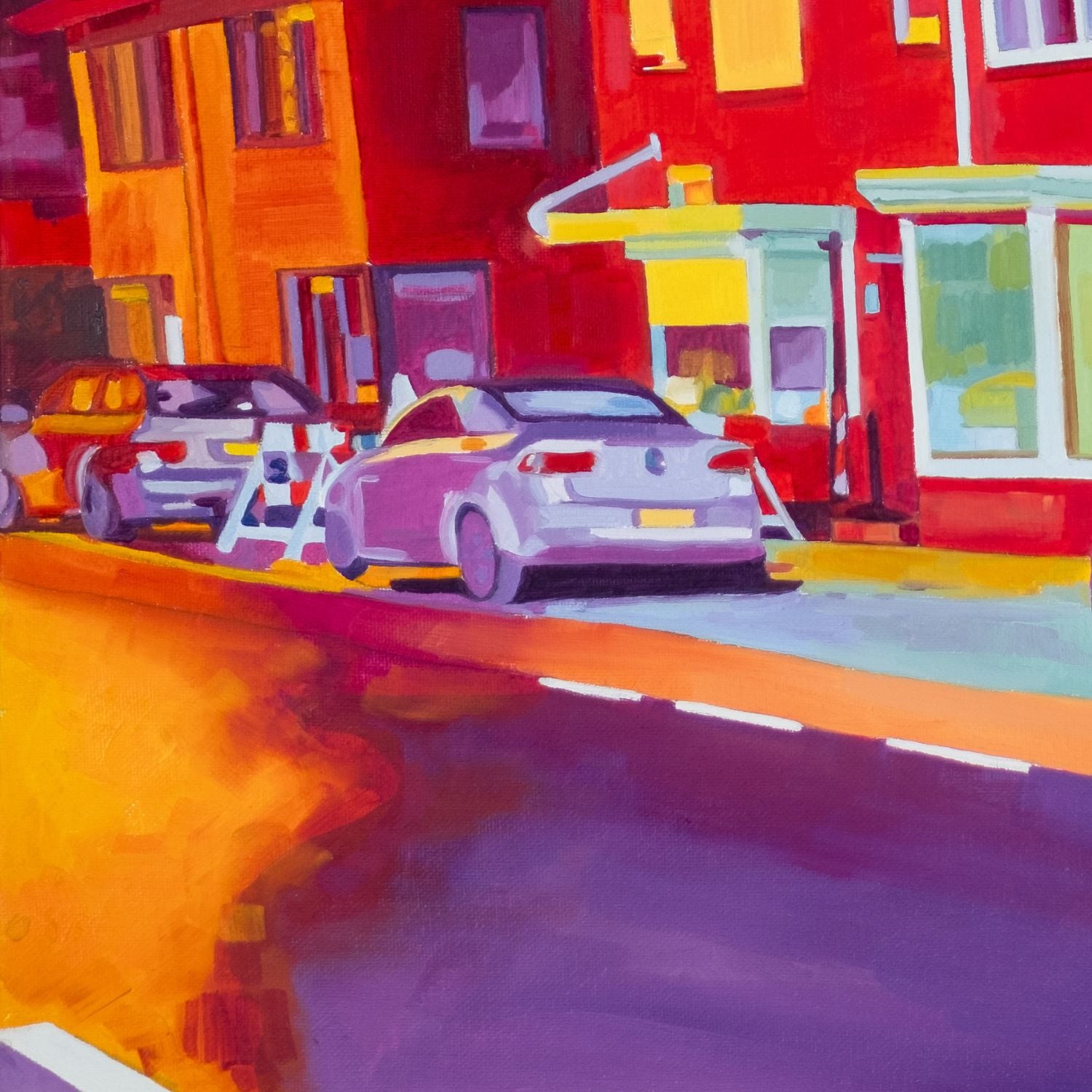 Oil on canvas painting (60×50 cm) depicting Dutch row houses at dusk with a vivid violet sky, glowing windows and saturated red-orange tones, exploring transitions of light and reconstructed urban memory. Artwork by Tara Haghi.