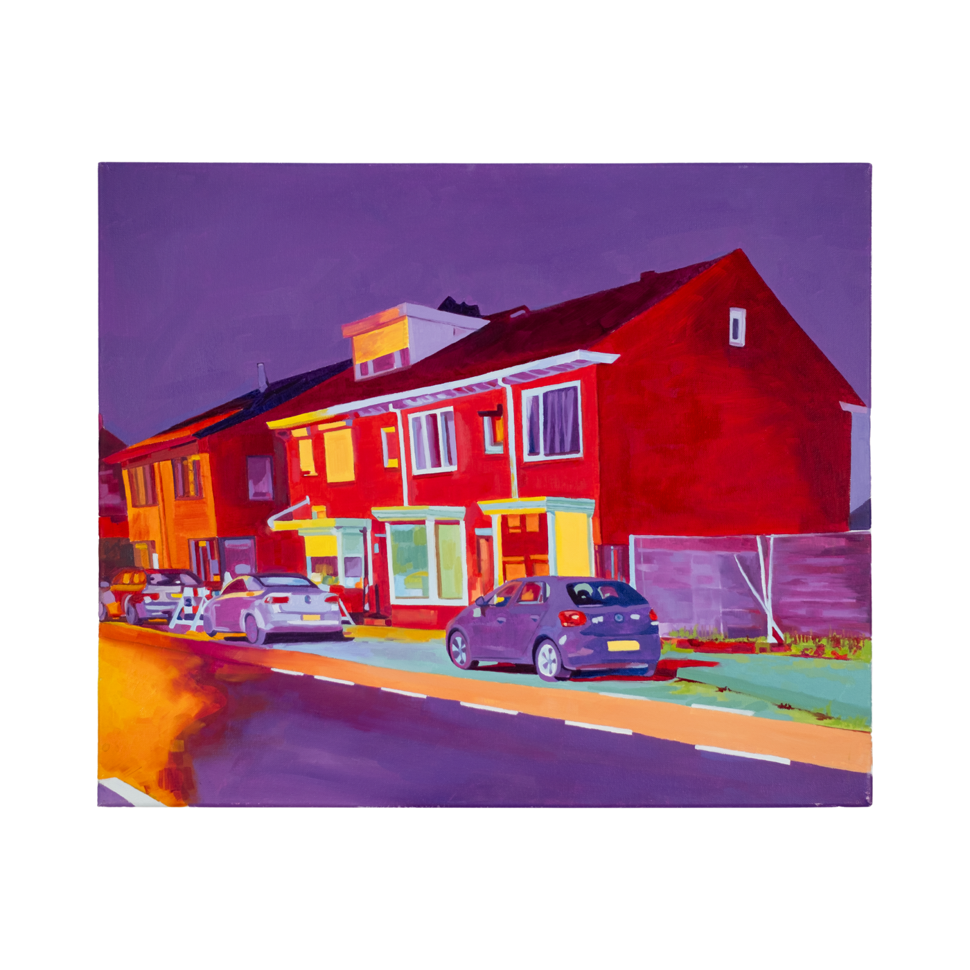 Oil on canvas painting (60×50 cm) depicting Dutch row houses at dusk with a vivid violet sky, glowing windows and saturated red-orange tones, exploring transitions of light and reconstructed urban memory. Artwork by Tara Haghi.