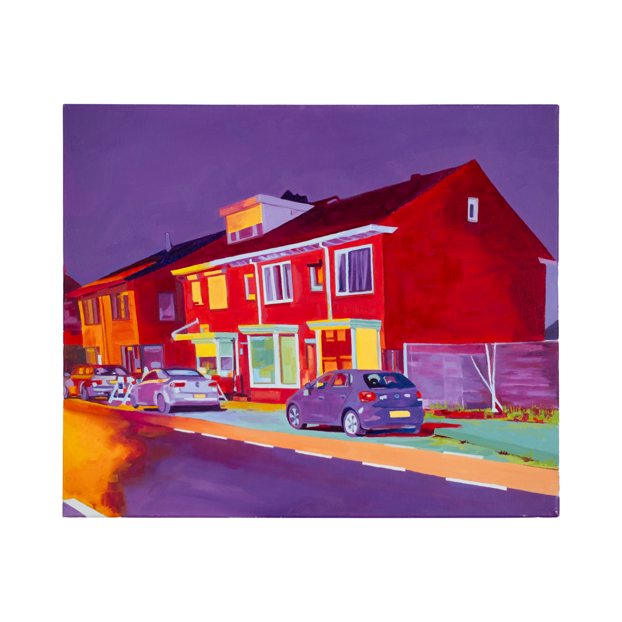 Oil on canvas painting (60×50 cm) depicting Dutch row houses at dusk with a vivid violet sky, glowing windows and saturated red-orange tones, exploring transitions of light and reconstructed urban memory. Artwork by Tara Haghi.