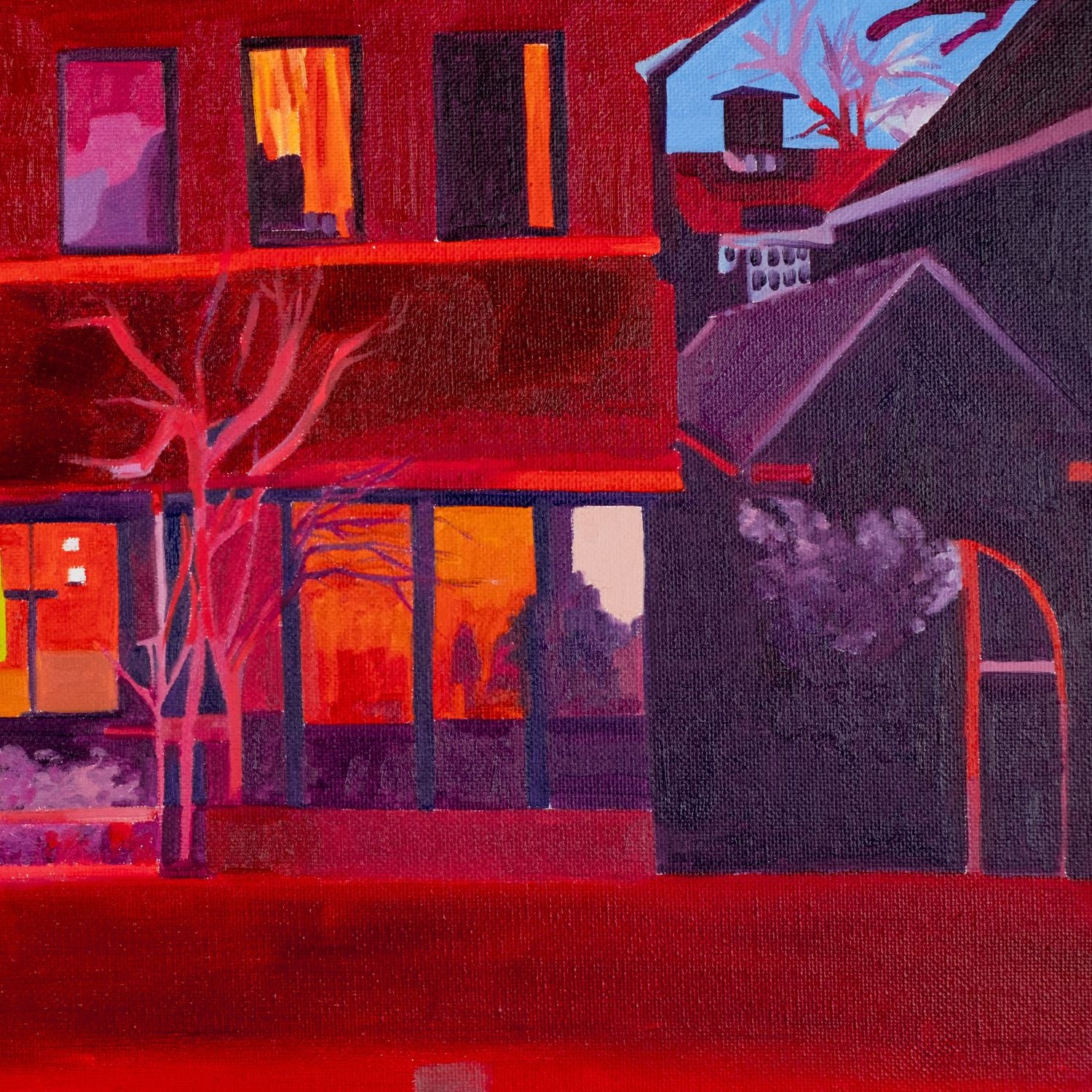 “Oil painting on canvas (60×50 cm) depicting a Dutch house at dusk with glowing yellow windows, deep red façade and blue evening sky, exploring themes of inward gaze and reconstructed urban identity. Artwork by Tara Haghi.”