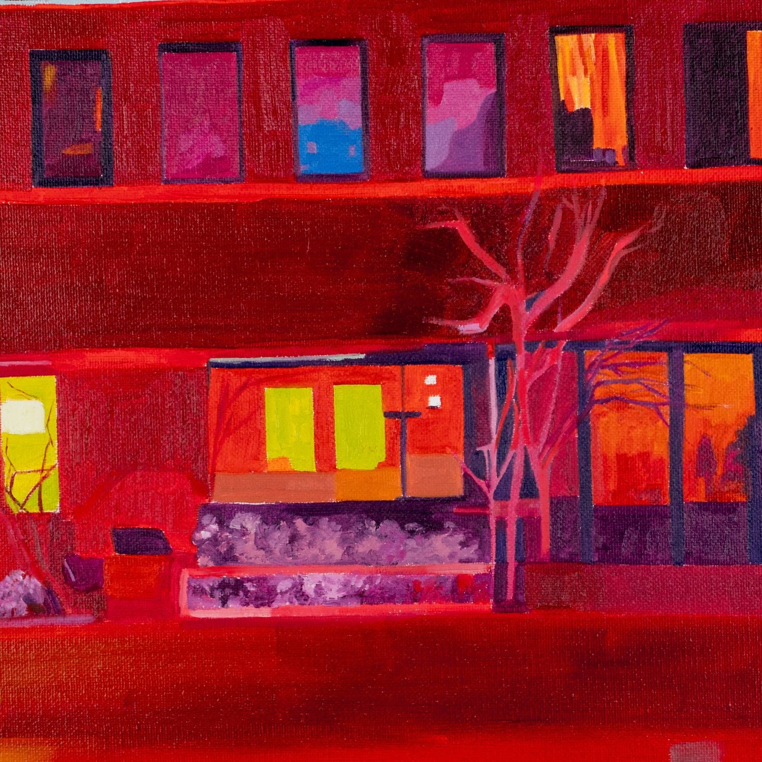 “Oil painting on canvas (60×50 cm) depicting a Dutch house at dusk with glowing yellow windows, deep red façade and blue evening sky, exploring themes of inward gaze and reconstructed urban identity. Artwork by Tara Haghi.”