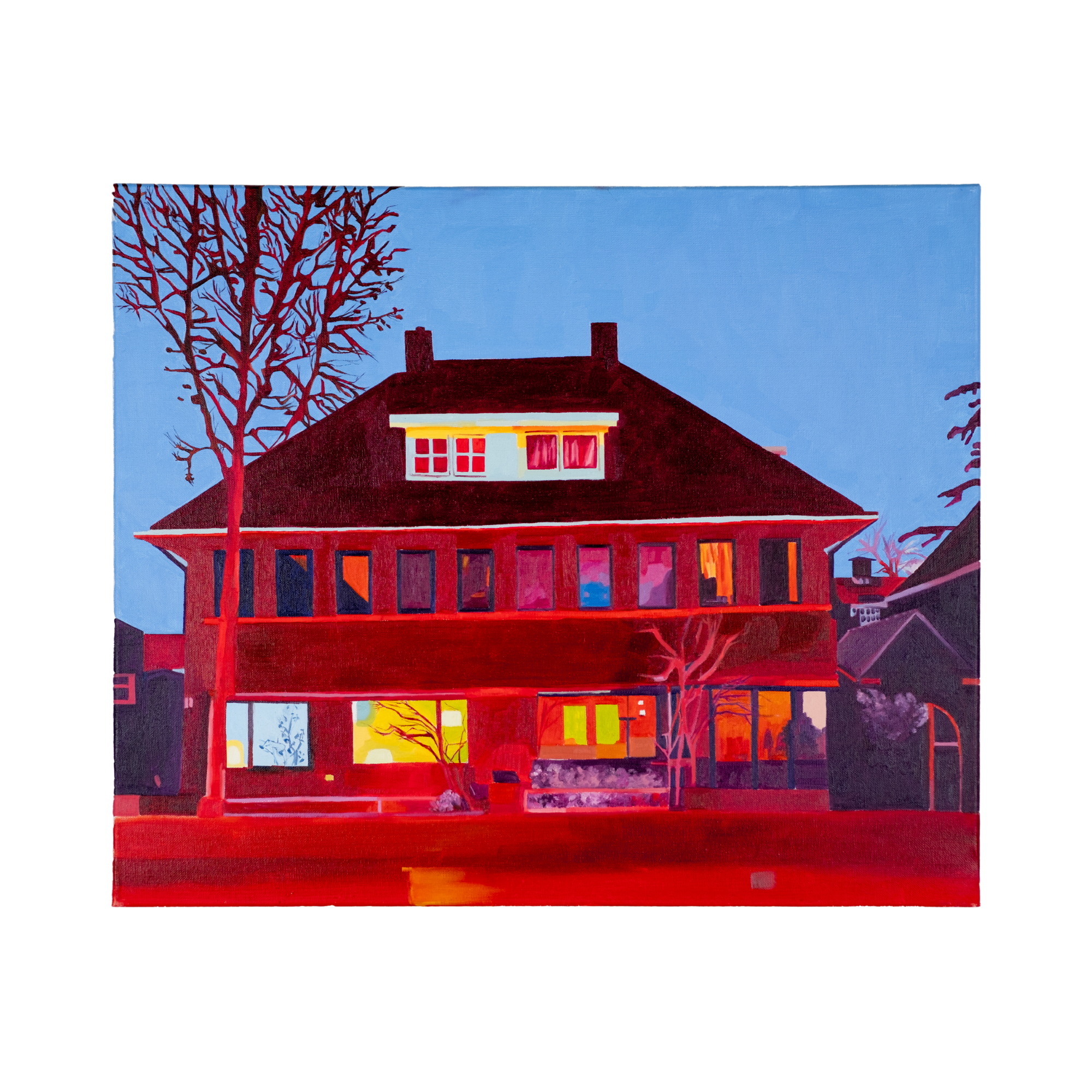“Oil painting on canvas (60×50 cm) depicting a Dutch house at dusk with glowing yellow windows, deep red façade and blue evening sky, exploring themes of inward gaze and reconstructed urban identity. Artwork by Tara Haghi.”