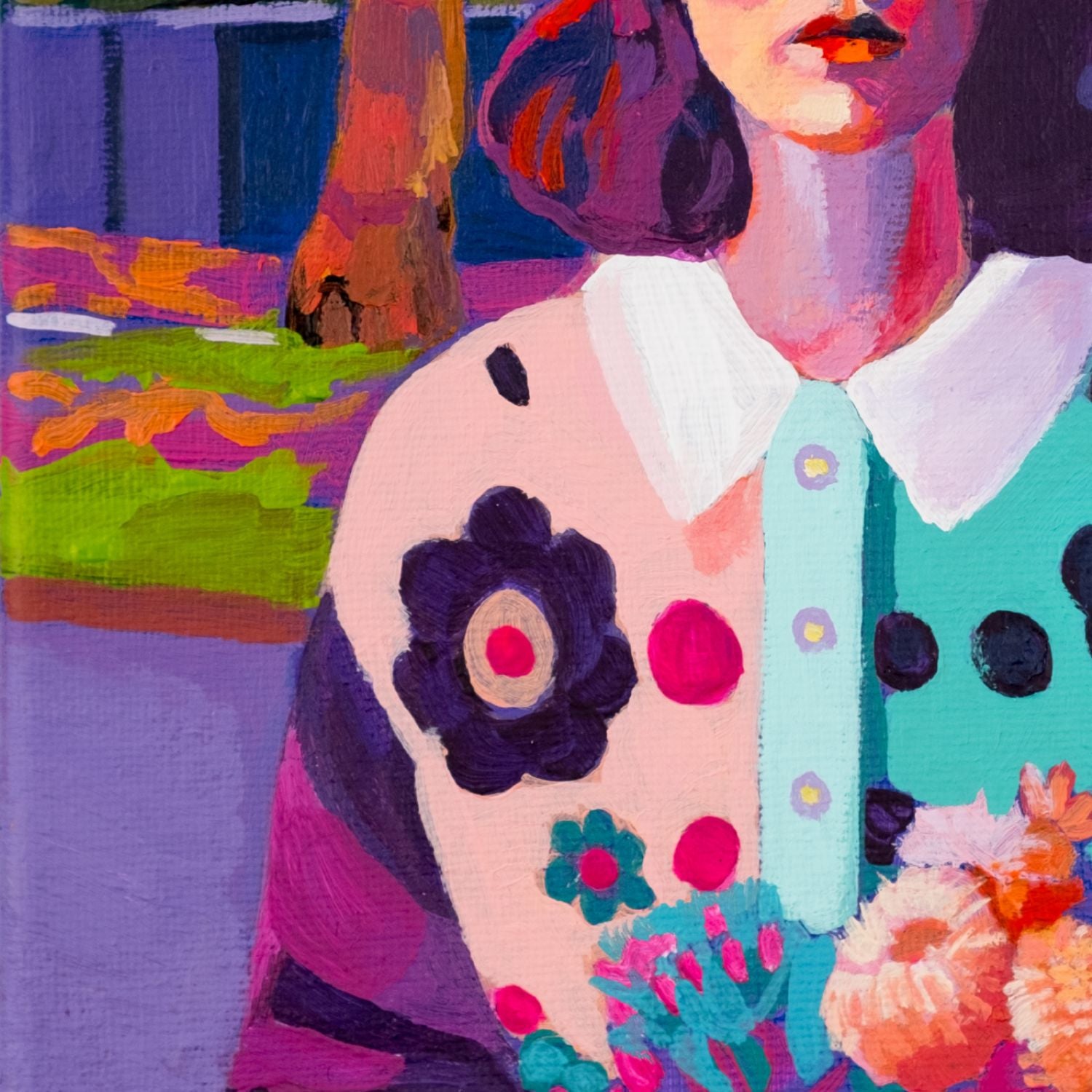 “Acrylic on canvas portrait (20×20 cm) of a woman holding flowers, set against a vividly coloured Dutch suburban street with a red house and chromatic trees, exploring light, identity and urban reconstruction. Artwork by Tara Haghi.”