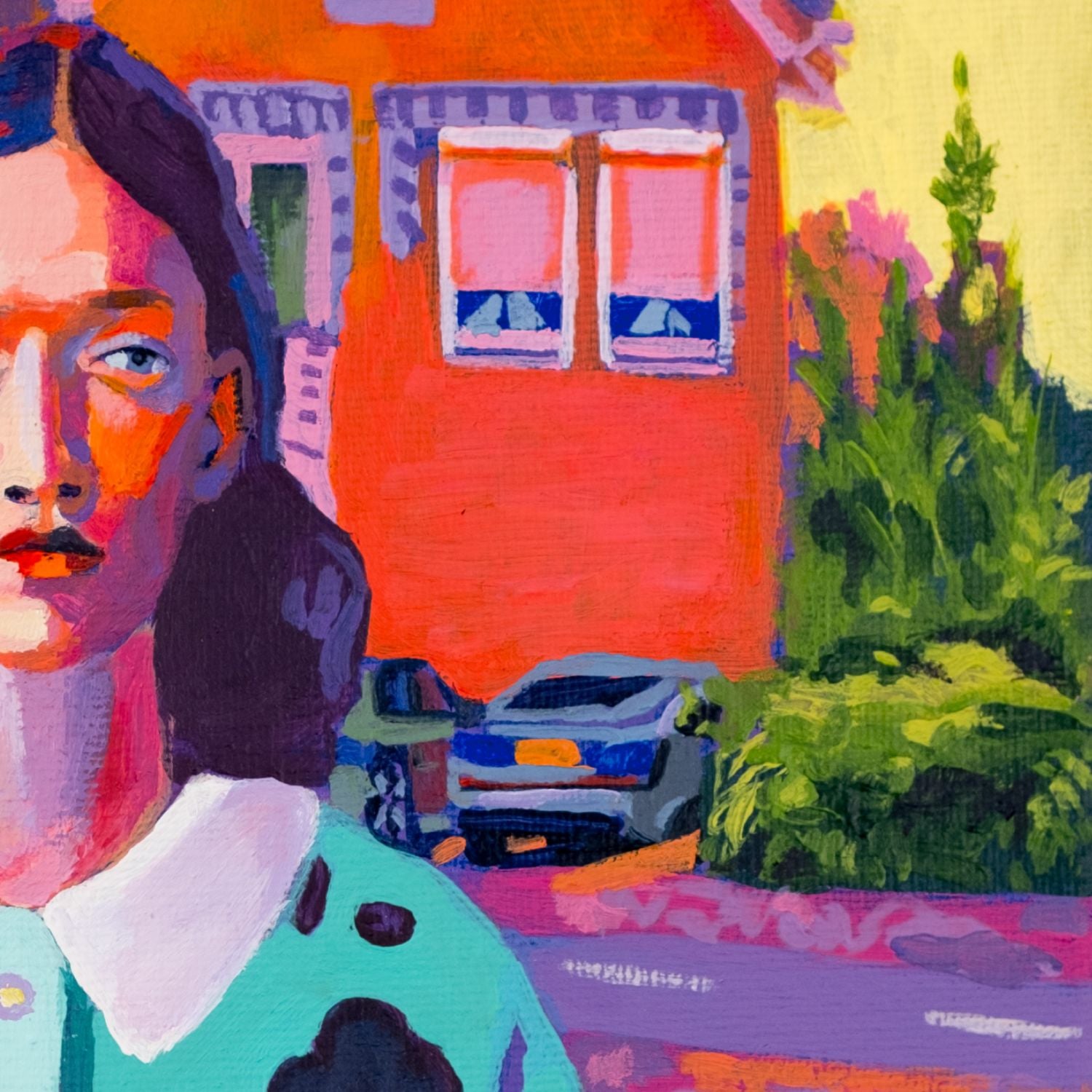 “Acrylic on canvas portrait (20×20 cm) of a woman holding flowers, set against a vividly coloured Dutch suburban street with a red house and chromatic trees, exploring light, identity and urban reconstruction. Artwork by Tara Haghi.”
