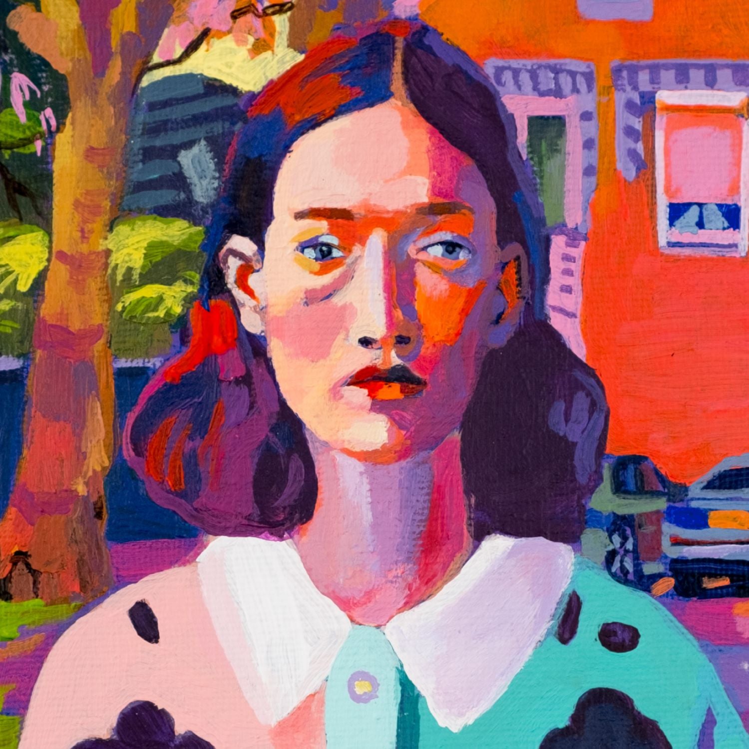 “Acrylic on canvas portrait (20×20 cm) of a woman holding flowers, set against a vividly coloured Dutch suburban street with a red house and chromatic trees, exploring light, identity and urban reconstruction. Artwork by Tara Haghi.”
