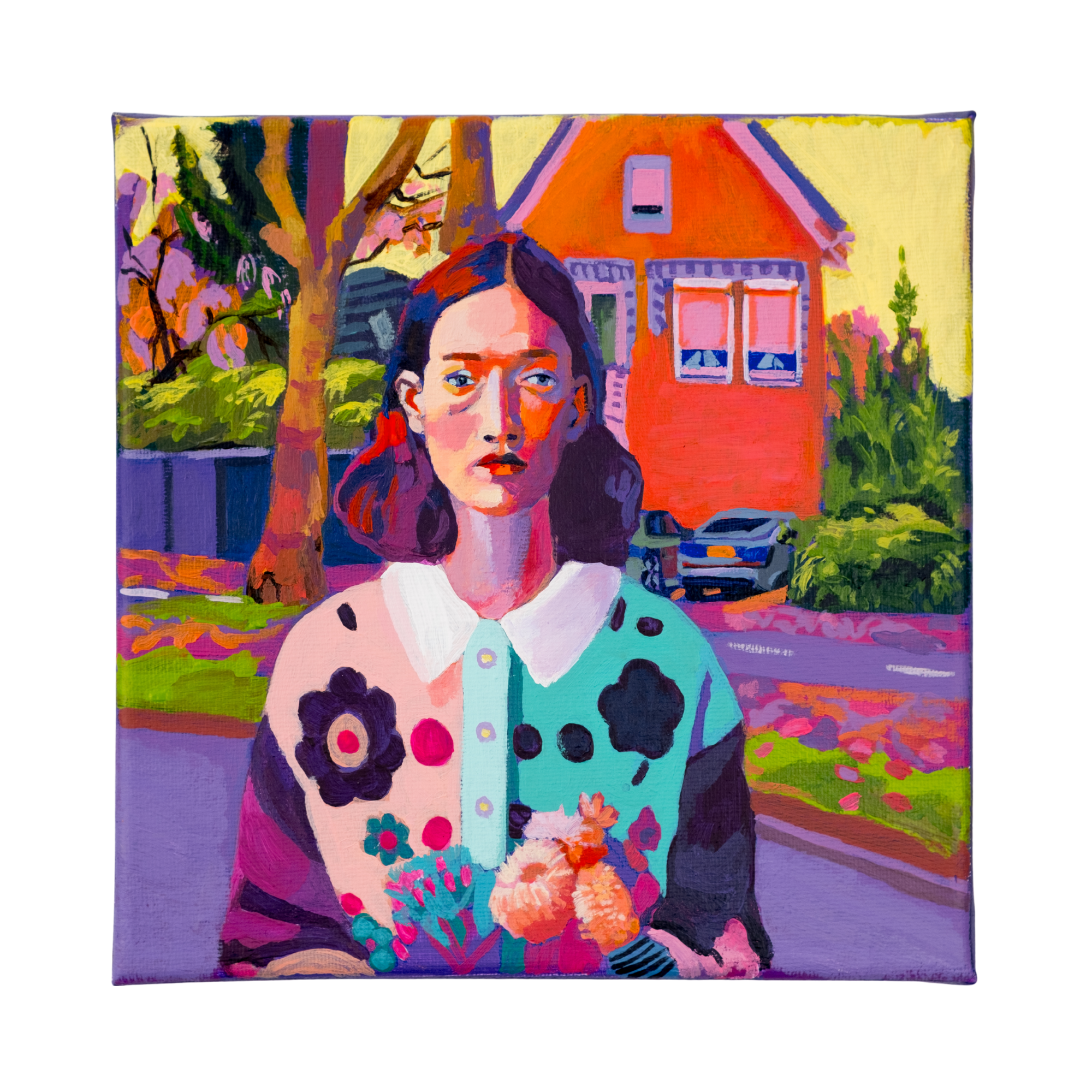 “Acrylic on canvas portrait (20×20 cm) of a woman holding flowers, set against a vividly coloured Dutch suburban street with a red house and chromatic trees, exploring light, identity and urban reconstruction. Artwork by Tara Haghi.”