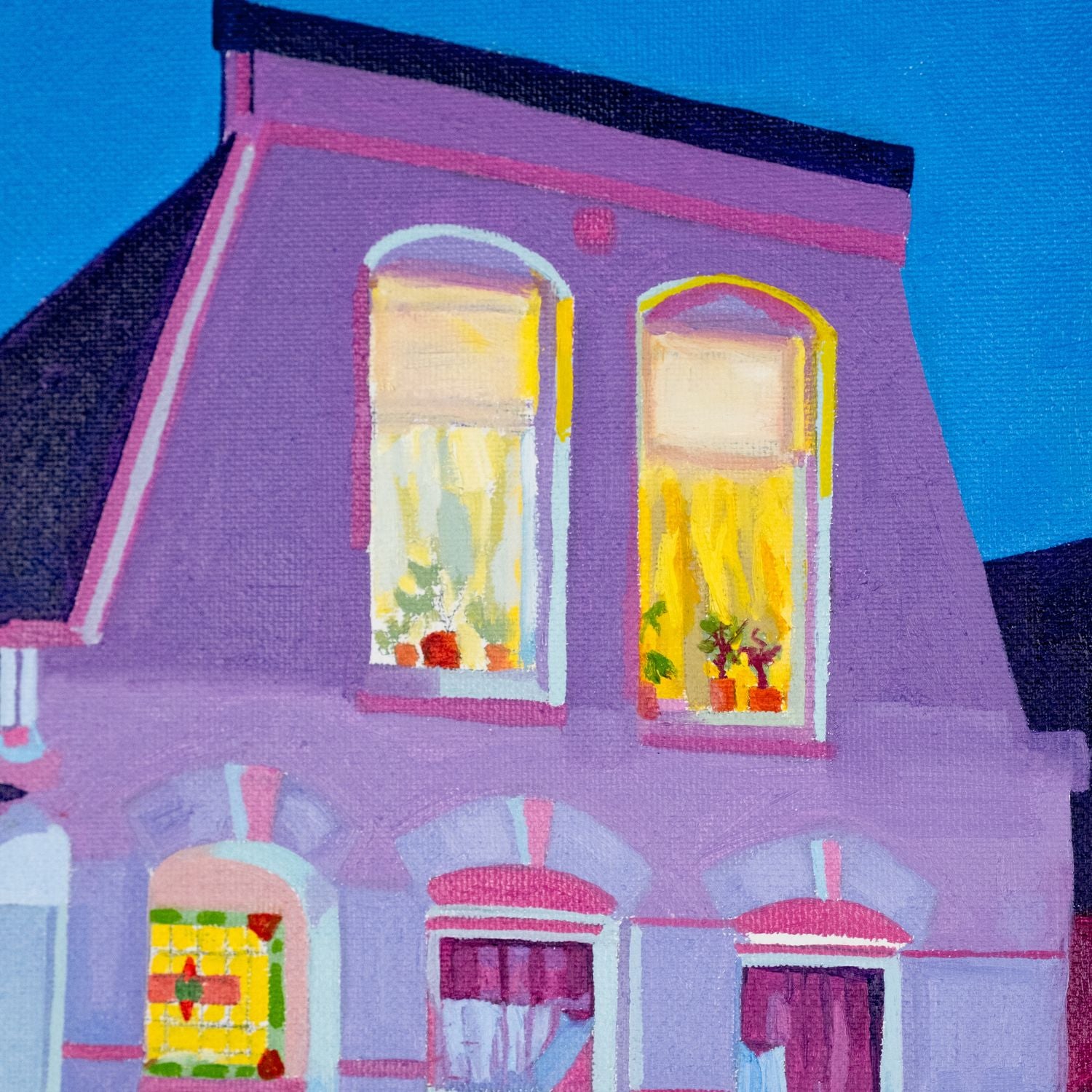 Oil on canvas painting (60×50 cm) depicting a Dutch corner street at night, with a bright red car, glowing windows and saturated pink-blue tones, reflecting reconstructed urban memory. Artwork by Tara Haghi.