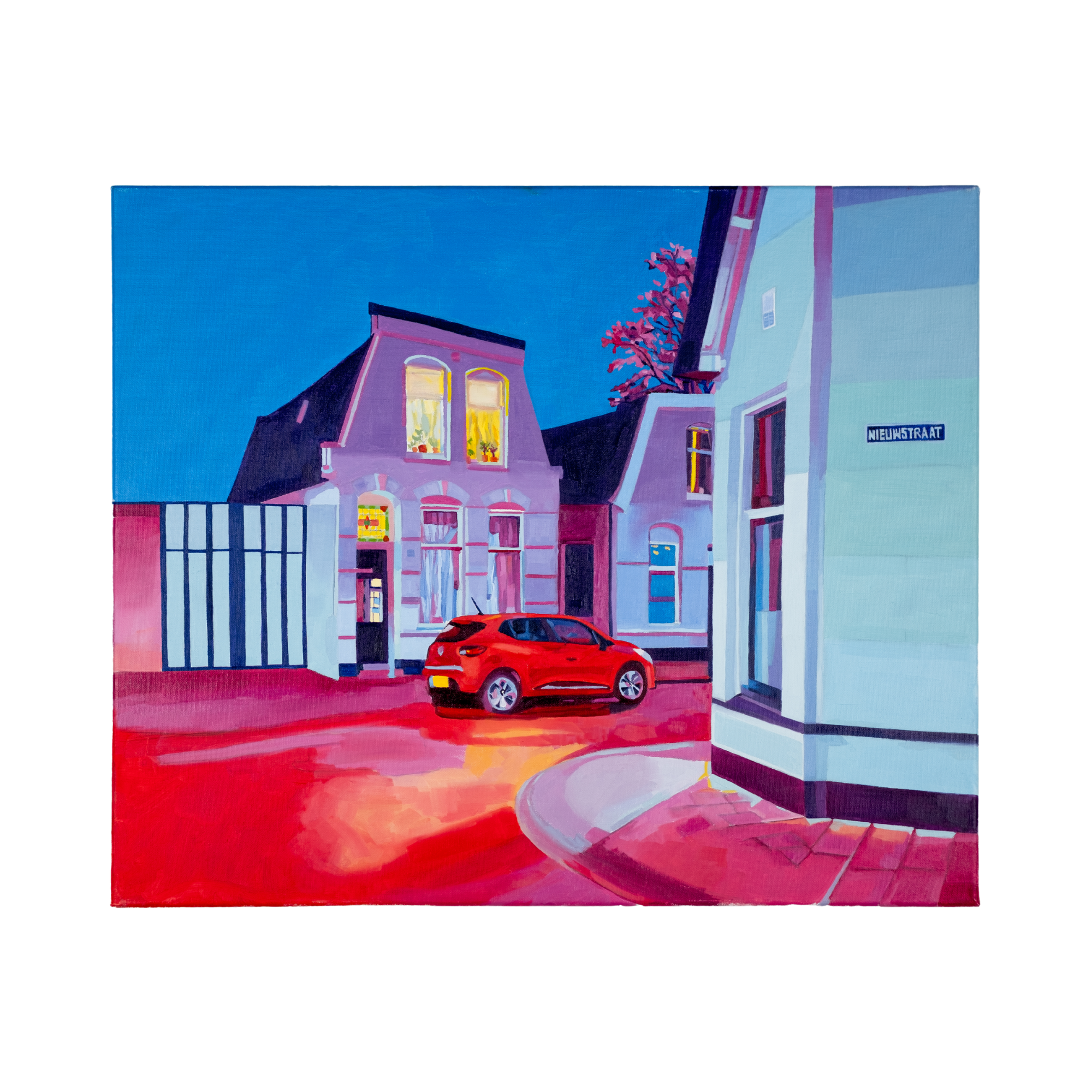 Oil on canvas painting (60×50 cm) depicting a Dutch corner street at night, with a bright red car, glowing windows and saturated pink-blue tones, reflecting reconstructed urban memory. Artwork by Tara Haghi.