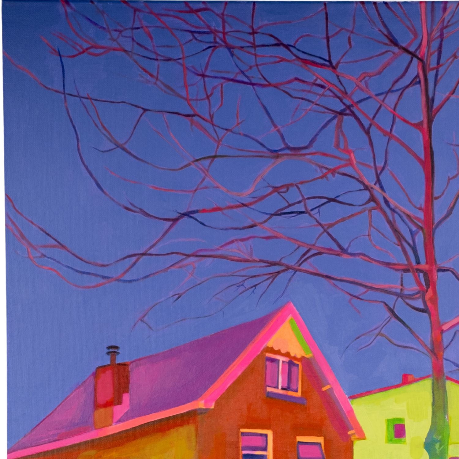 “Acrylic on canvas painting (60×80 cm) of a Dutch street with a brightly coloured house in neon pink and lime tones, framed by a bare tree and a passing cyclist, exploring layered perception and urban reconstruction. Artwork by Tara Haghi.”