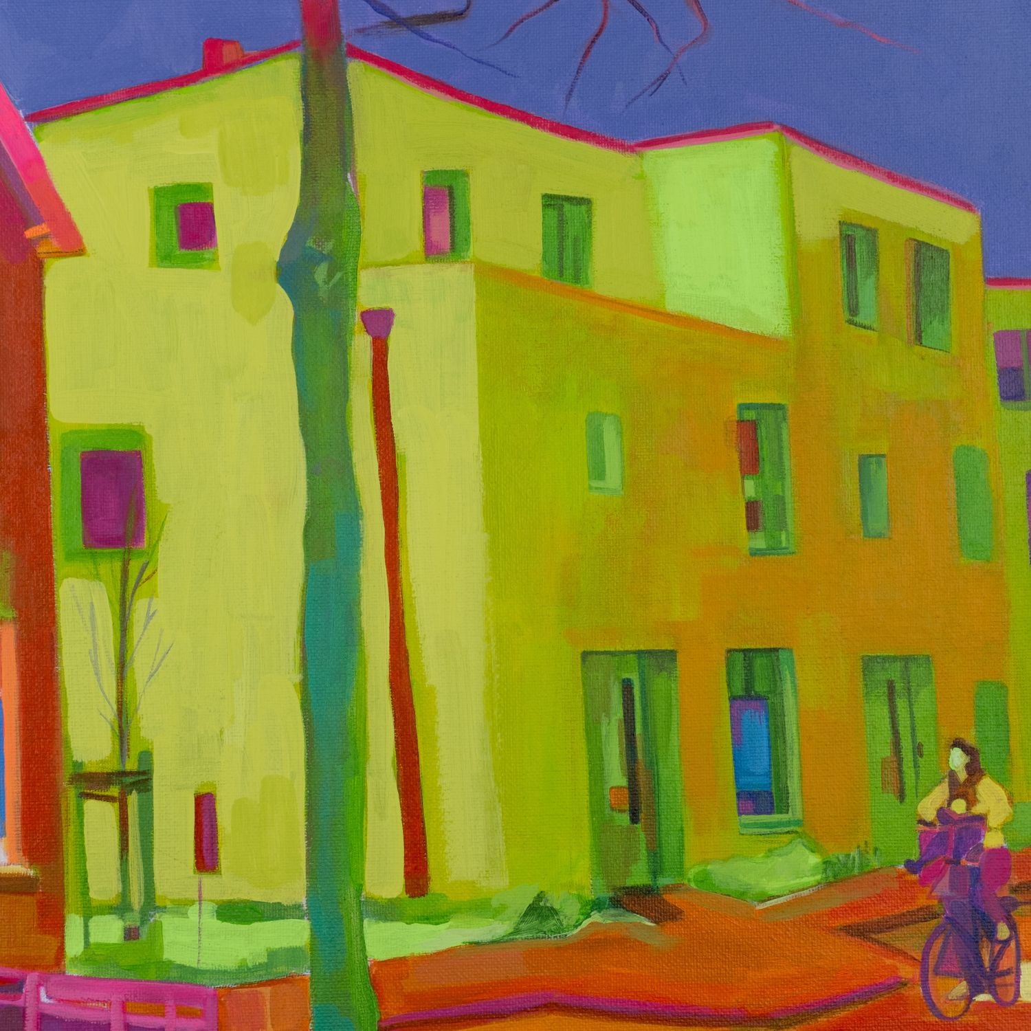 “Acrylic on canvas painting (60×80 cm) of a Dutch street with a brightly coloured house in neon pink and lime tones, framed by a bare tree and a passing cyclist, exploring layered perception and urban reconstruction. Artwork by Tara Haghi.”