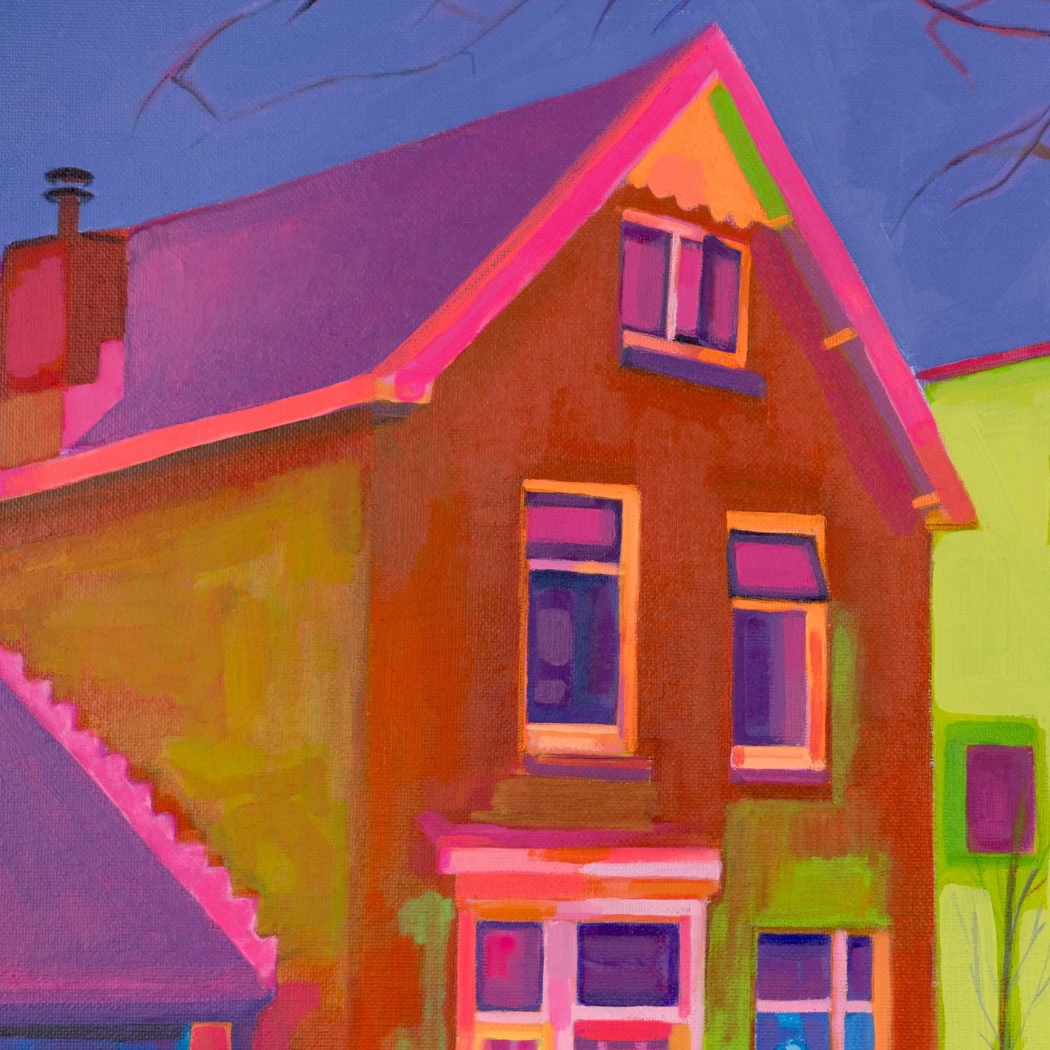 “Acrylic on canvas painting (60×80 cm) of a Dutch street with a brightly coloured house in neon pink and lime tones, framed by a bare tree and a passing cyclist, exploring layered perception and urban reconstruction. Artwork by Tara Haghi.”