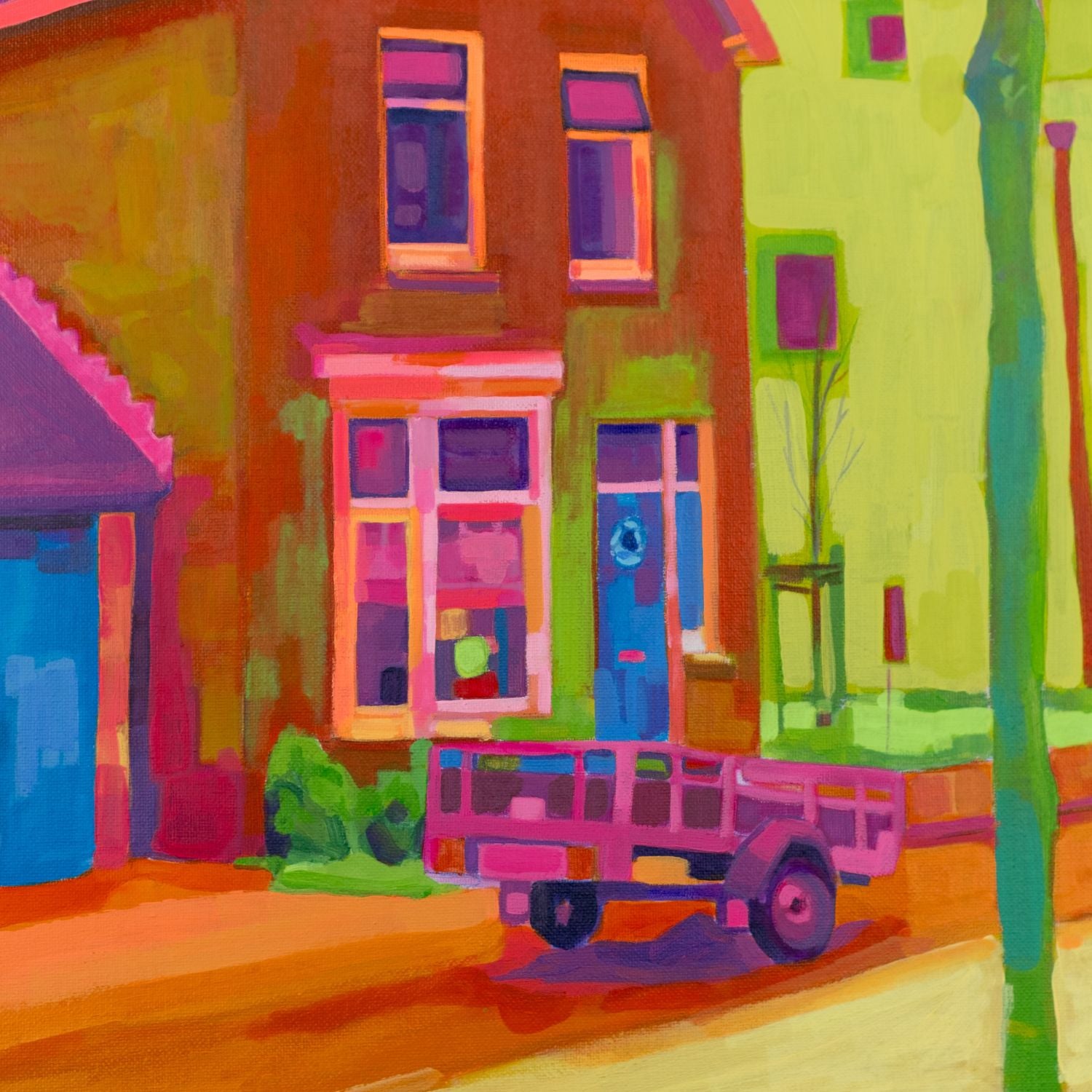 “Acrylic on canvas painting (60×80 cm) of a Dutch street with a brightly coloured house in neon pink and lime tones, framed by a bare tree and a passing cyclist, exploring layered perception and urban reconstruction. Artwork by Tara Haghi.”