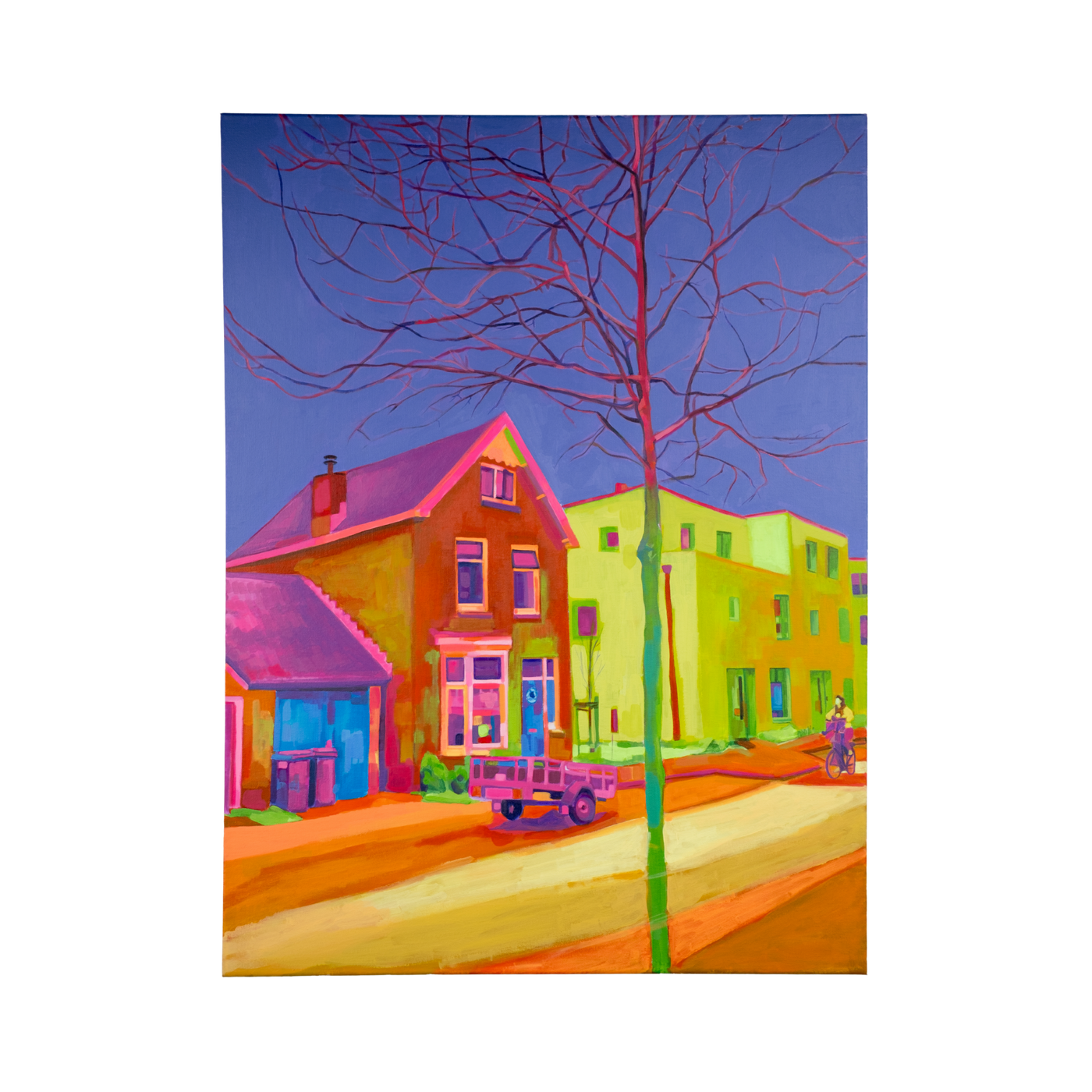 “Acrylic on canvas painting (60×80 cm) of a Dutch street with a brightly coloured house in neon pink and lime tones, framed by a bare tree and a passing cyclist, exploring layered perception and urban reconstruction. Artwork by Tara Haghi.”